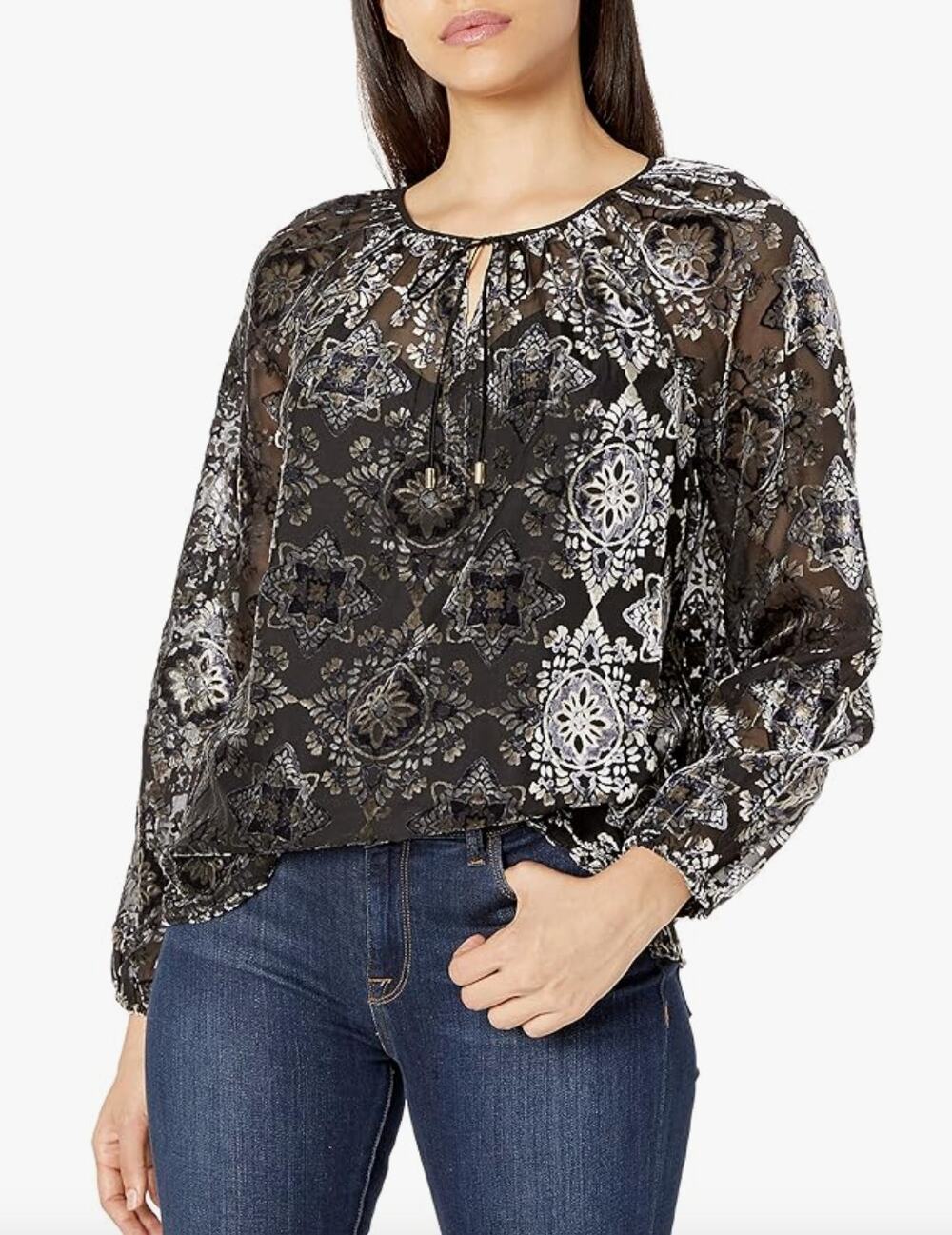 NWT NYDJ Midtown Medallion Gray Long Sleeve Tie Neck Peasant Blouse Size L